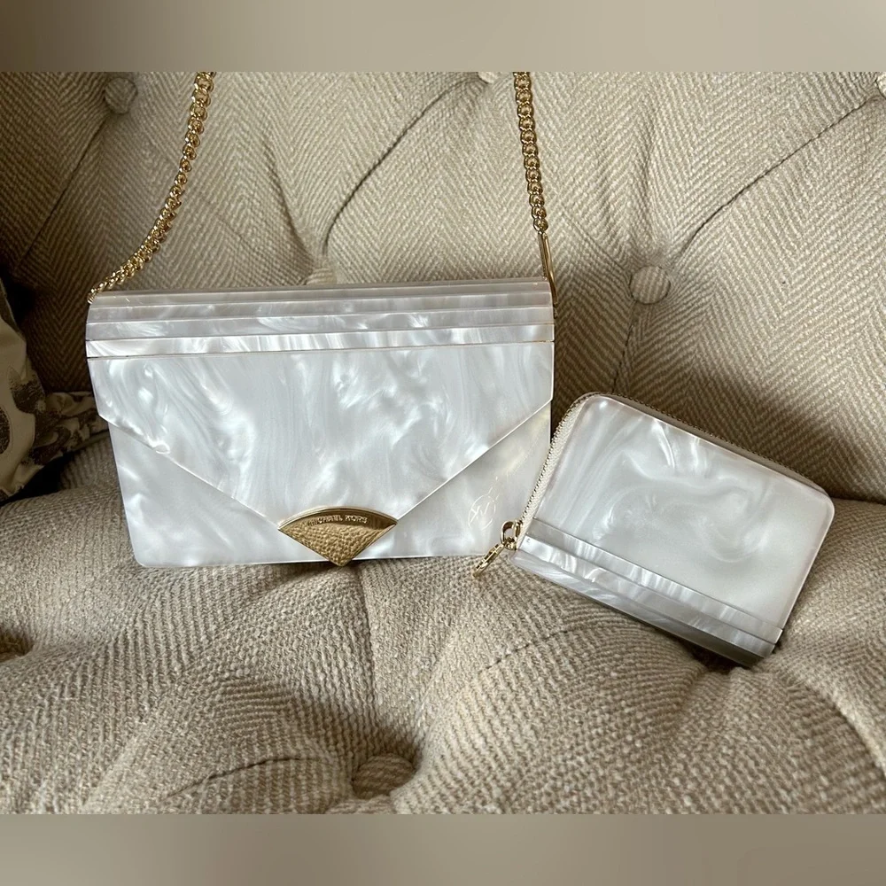 Michael Kors Pearl-Effect Acrylic Envelope Crossbody with Gold Chain
